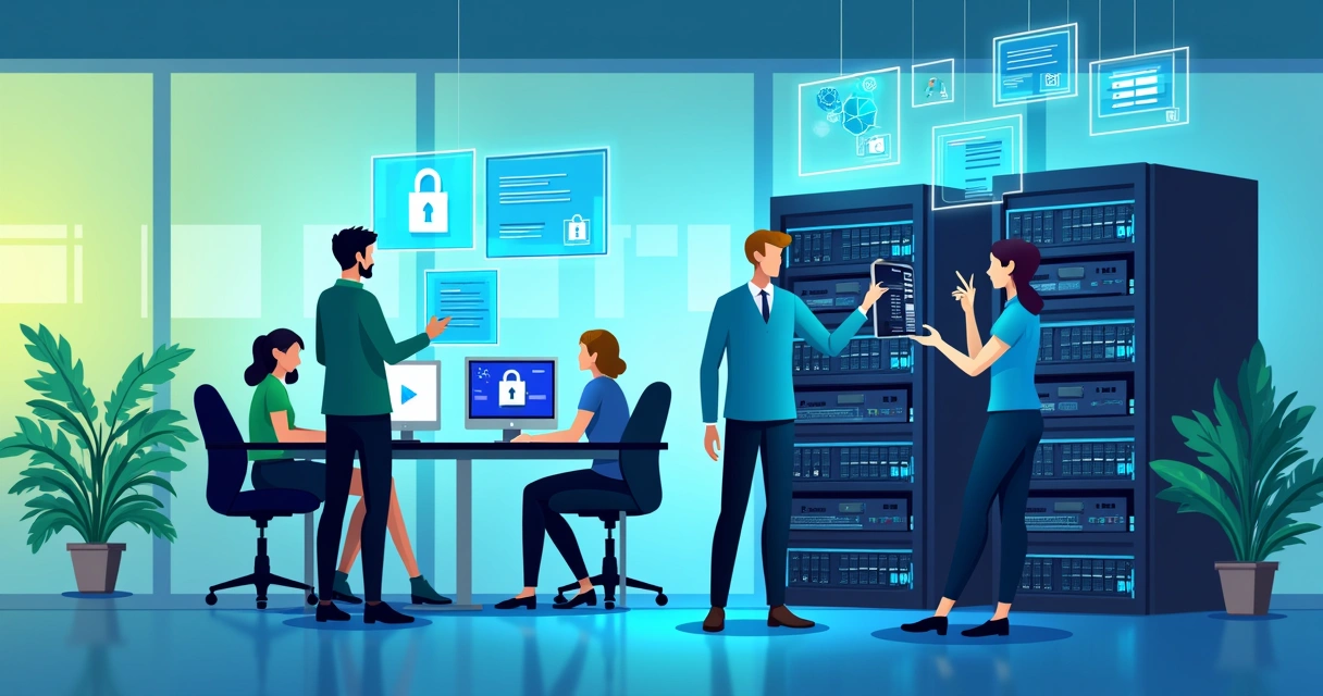 Equipe de TI gerenciando servidores em ambiente corporativo moderno e seguro 