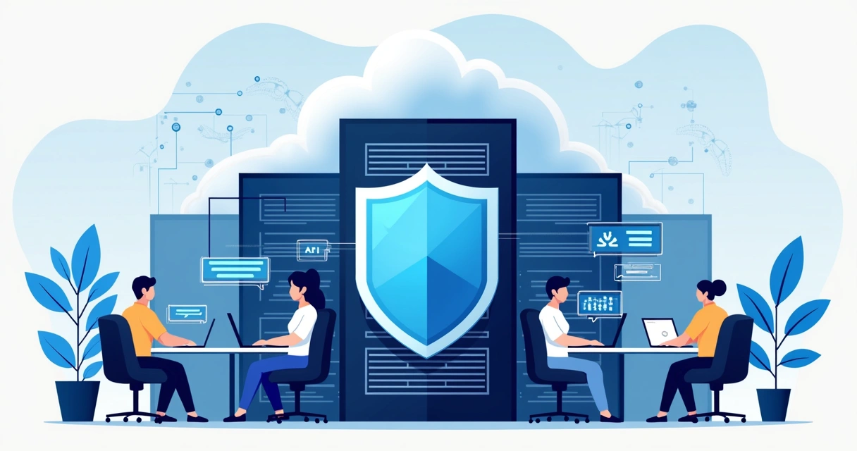 Servidor de nuvem com escudo digital, equipe de TI protegida trabalhando 