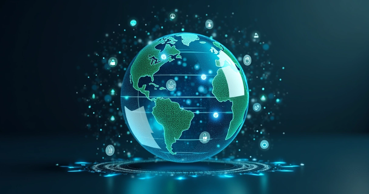 Esfera digital protegendo blocos de dados em azul e verde 