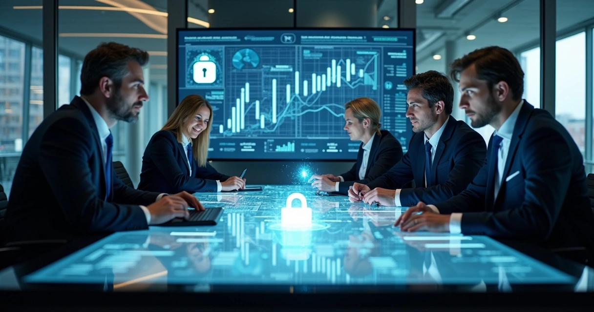 Equipe multidisciplinar reunida analisando dados protegidos 