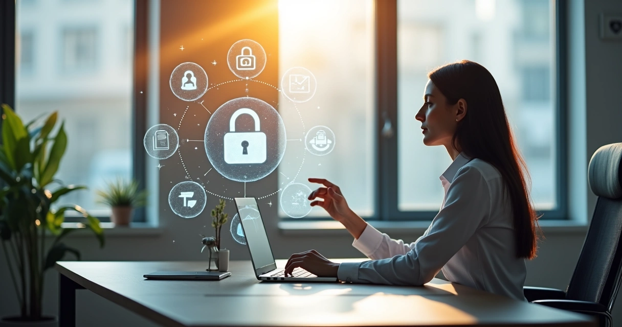 Profissional de contabilidade protegendo dados digitais em escritório moderno 