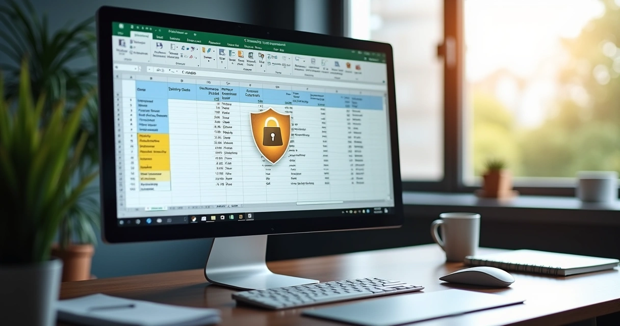 Tela de computador mostrando planilha Excel com dados sensíveis protegidos por cadeado digital na tela, fundo de escritório moderno com luz natural 
