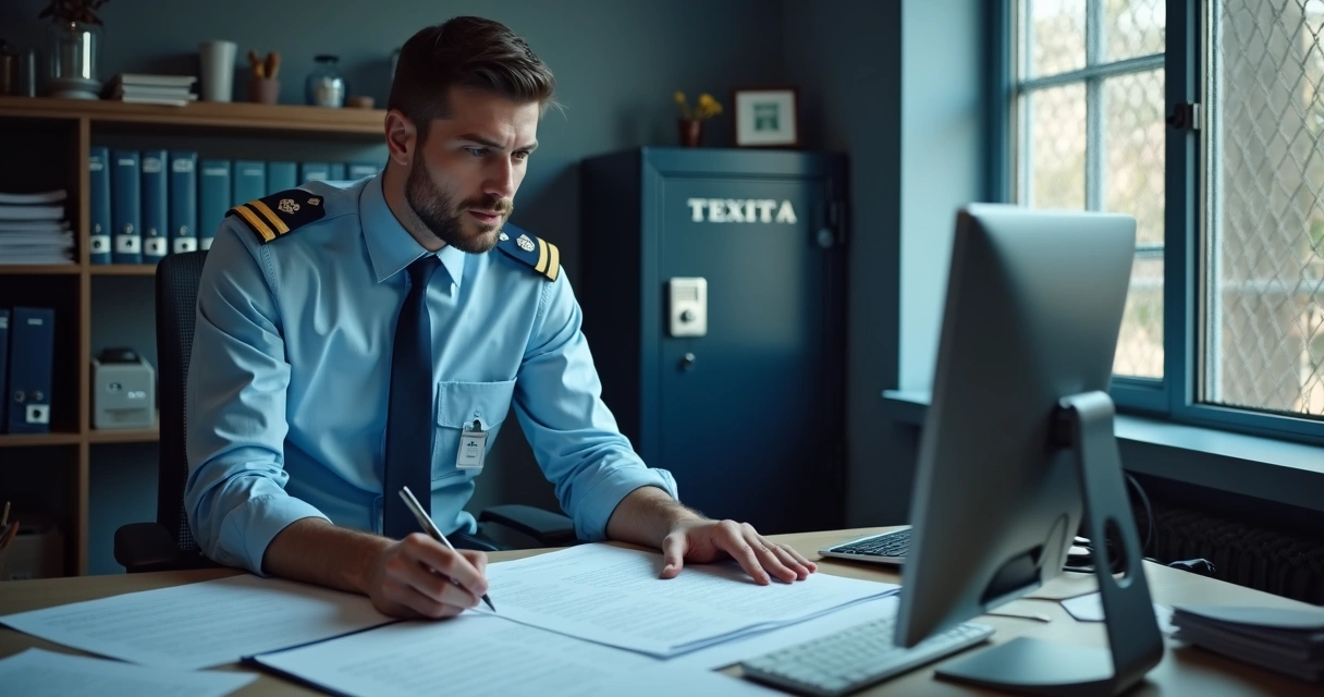 Servidor público analisando documentos fiscais em ambiente seguro 