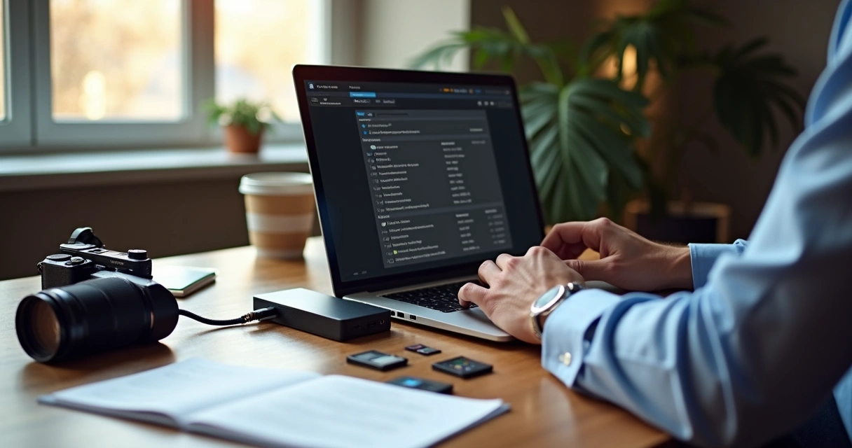 Fotógrafo configurando backup em notebook e HD externo 