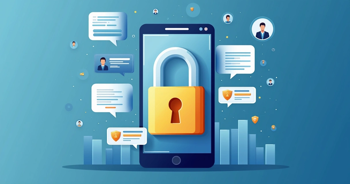 Símbolo de cadeado sobre tela de smartphone com mensagens 