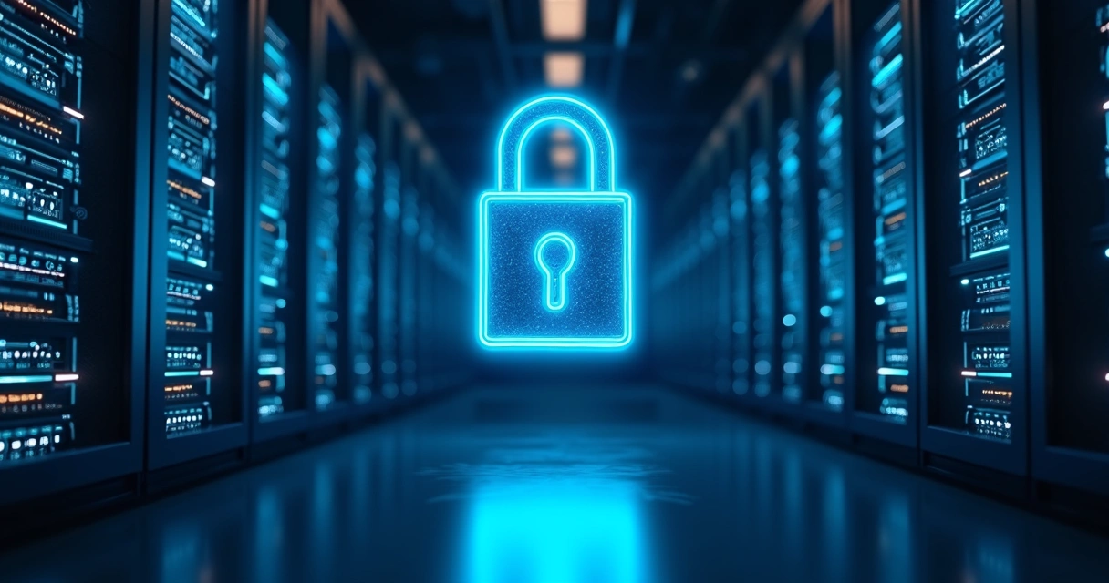 Servidores e cadeado digital representando segurança de dados 