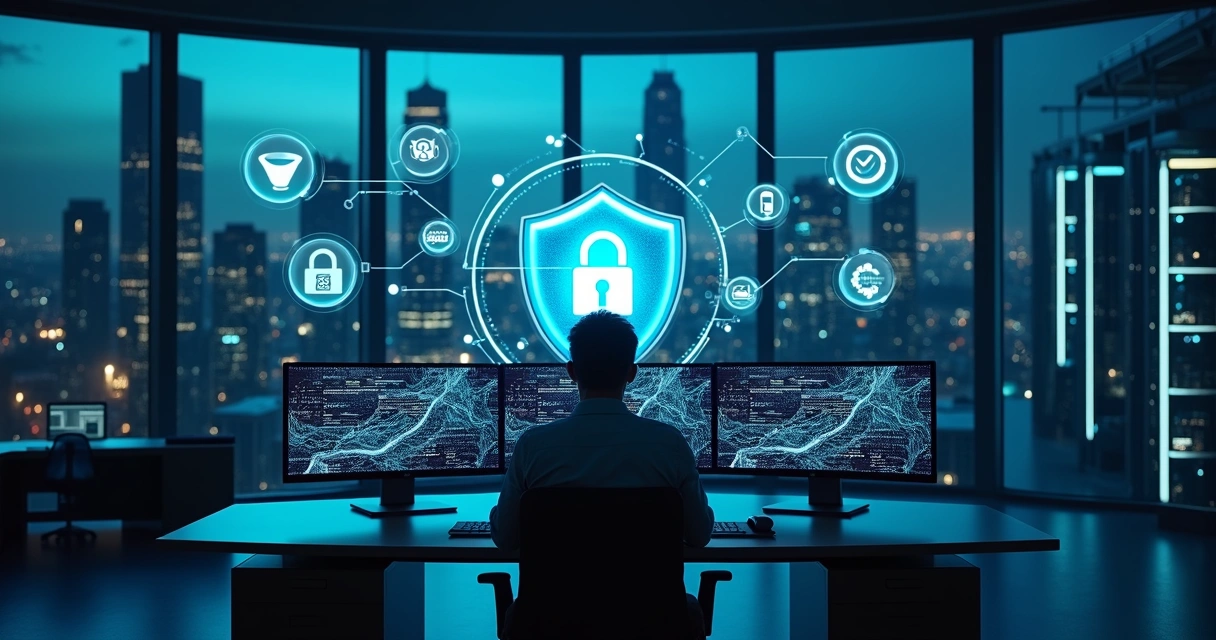 Profissional observando painel digital protegendo dados de IA em servidor 
