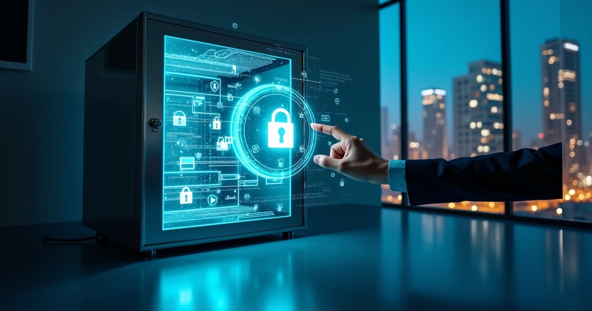 Chave digital abrindo cofre transparente com ícones de dados imobiliários 