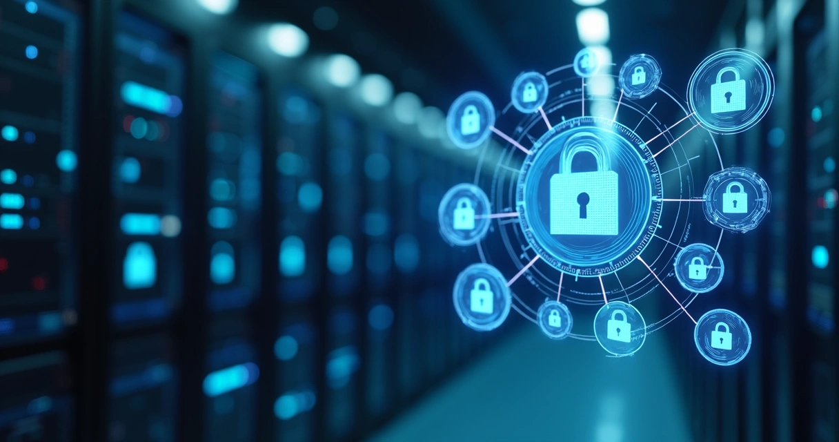 Infraestrutura tecnológica protegida, servidores e IA representados visualmente com cadeados e ícones de segurança 