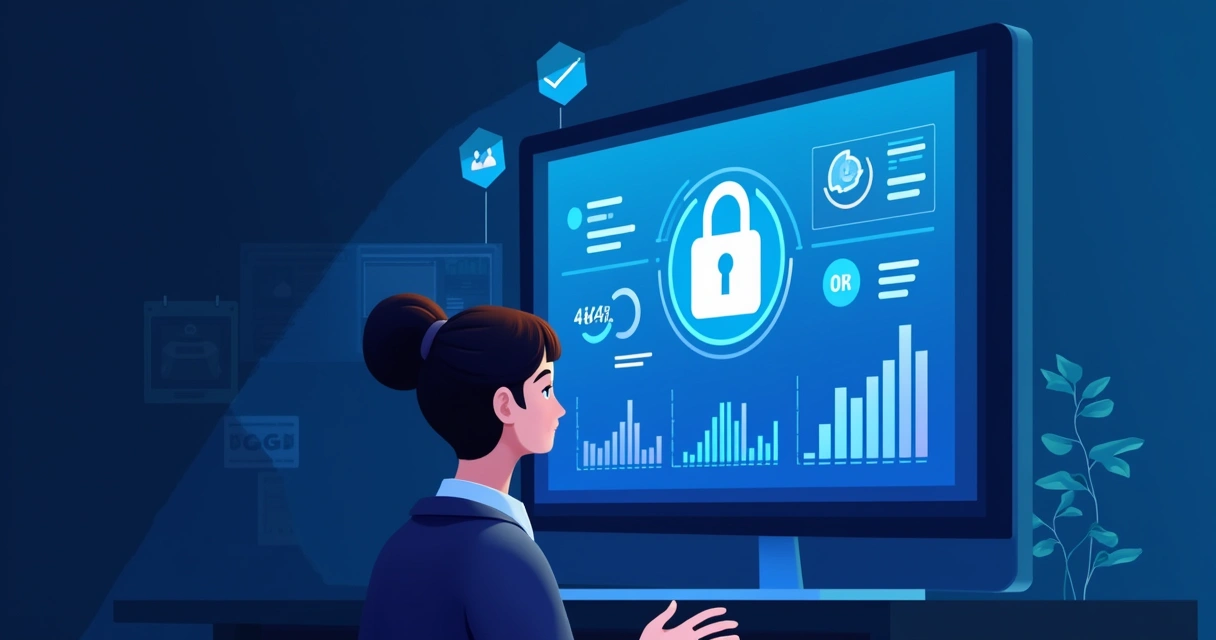 Profissional analisando painel digital de proteção de dados com gráficos e cadeado 