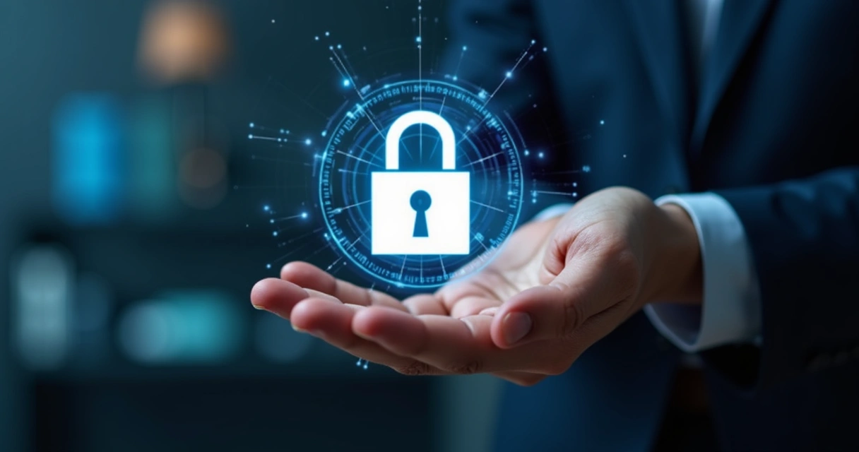 Mãos segurando holograma de cadeado digital representando proteção de dados 