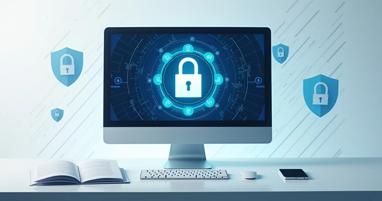 Tela de computador com cadeado digital ao centro 