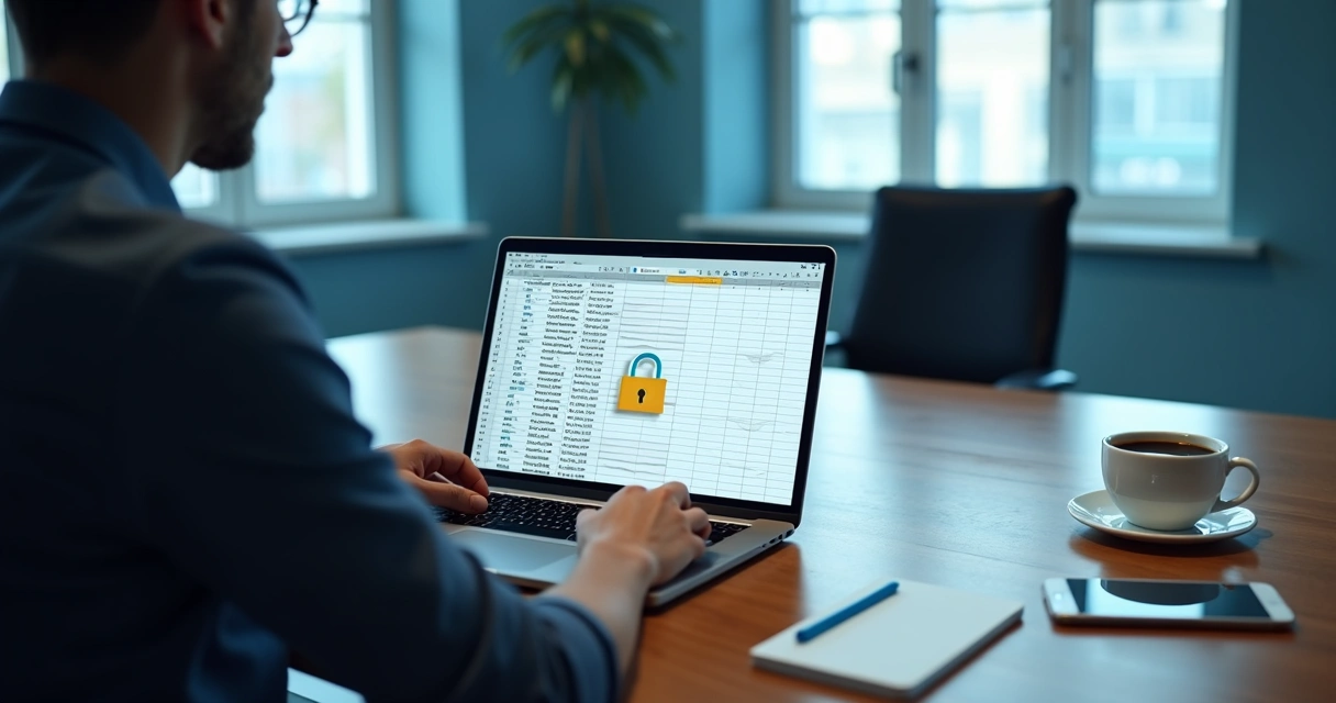 Pessoa trabalhando em um notebook, tela exibindo planilha com cadeado digital 