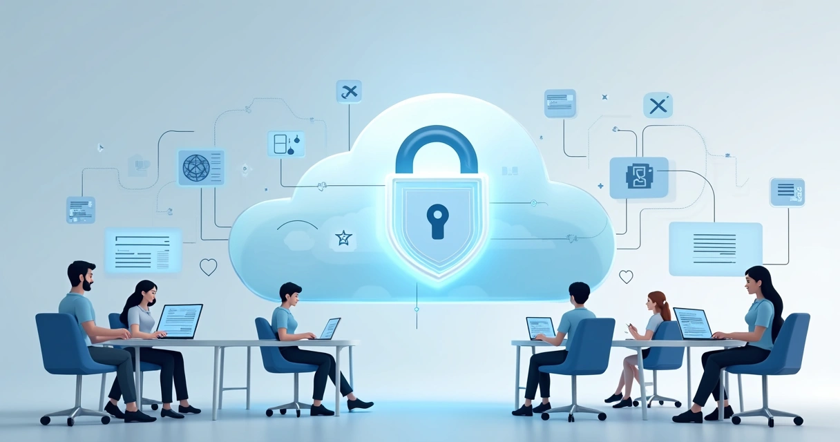 Ícones representando segurança em nuvem, um cadeado digital e estudantes interagindo com uma plataforma online. 