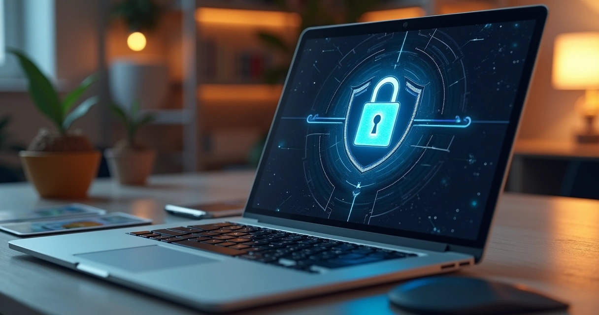 Tela de proteção de dados digitais em um desktop com cartas de tarot ao lado 