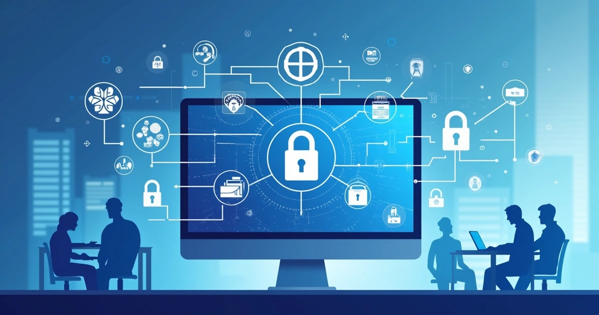 Ilustração corporativa flat de um computador com tela mostrando ícones de cadeado, dados protegidos e inteligência artificial ao redor, cores azul e branco predominantes, com pessoas trabalhando em projeto ao fundo 