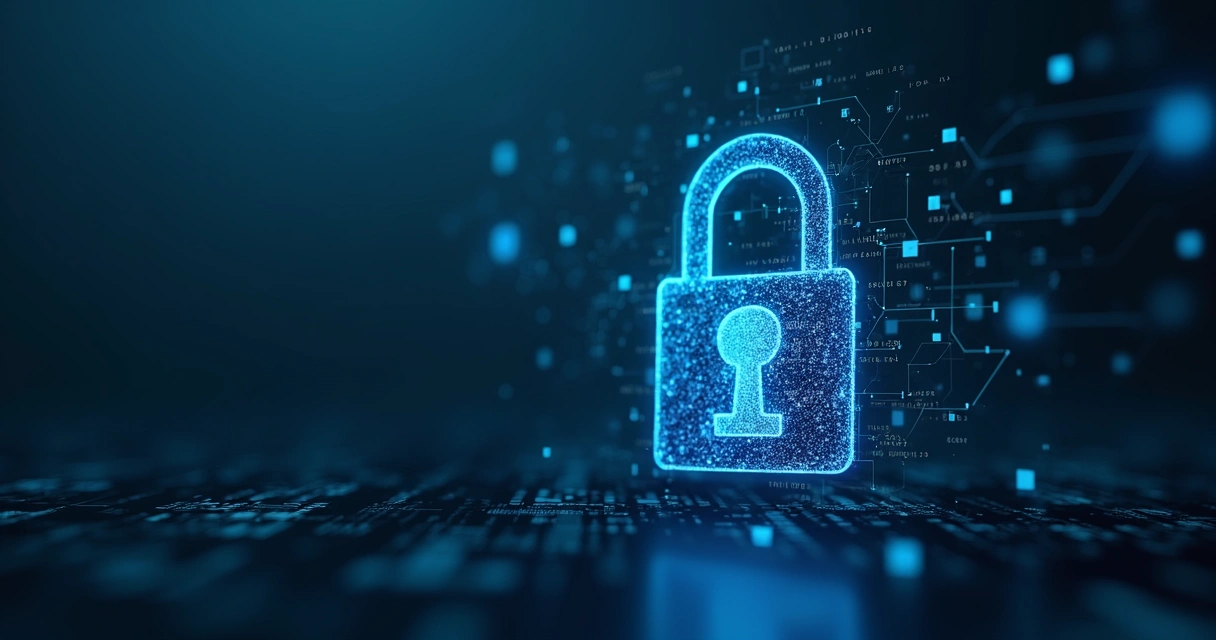 Símbolo de cadeado digital com dados flutuando ao redor em fundo azul escuro 