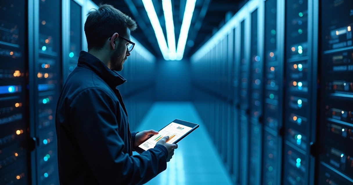 Profissional de TI em data center analisando servidores e painéis digitais 