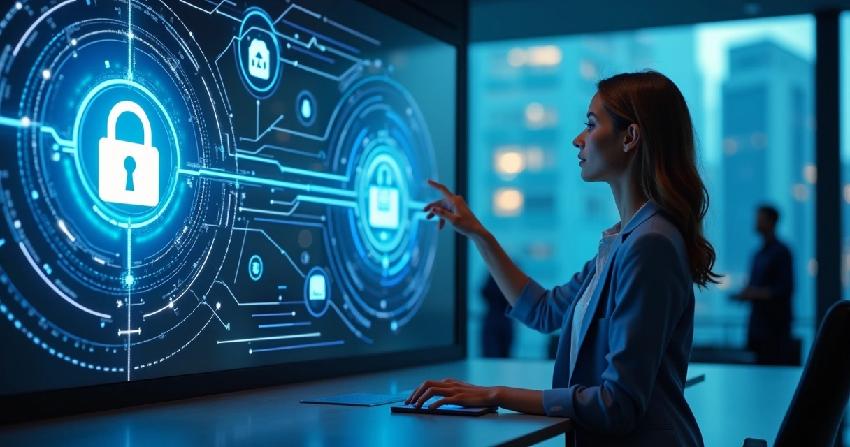 Empreendedora protegendo dados em tela digital com cadeado 