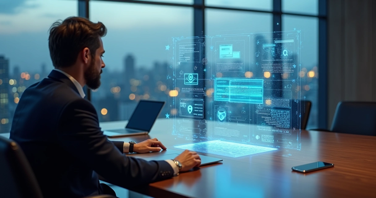 Executiva em sala de reunião analisando painel digital com dados sensíveis protegidos 