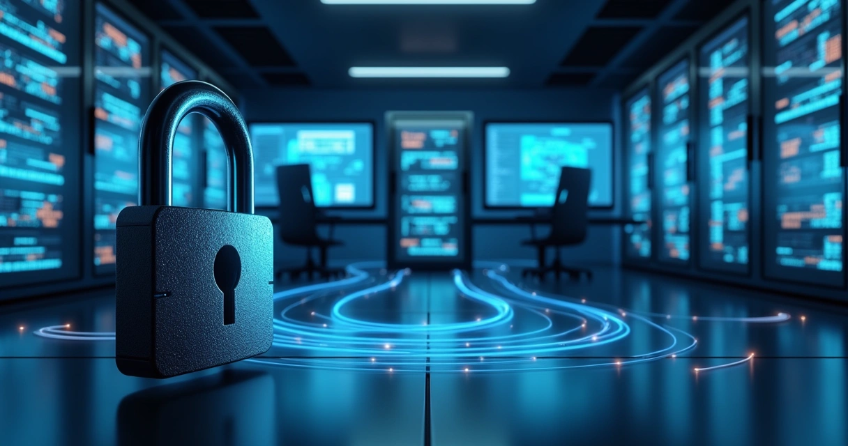 Servidor seguro com cadeado, monitor e códigos digitais 