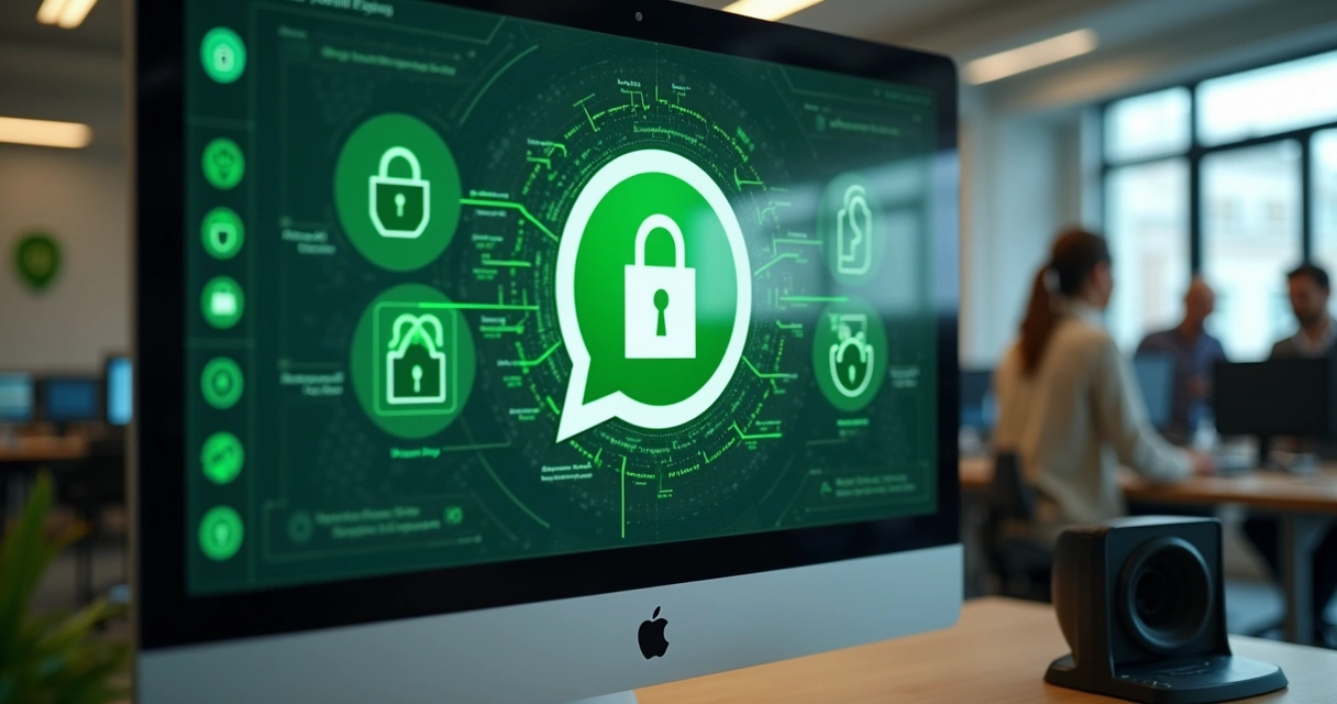 Tela de atendimento digital por WhatsApp mostrando mensagens e ícones de segurança 