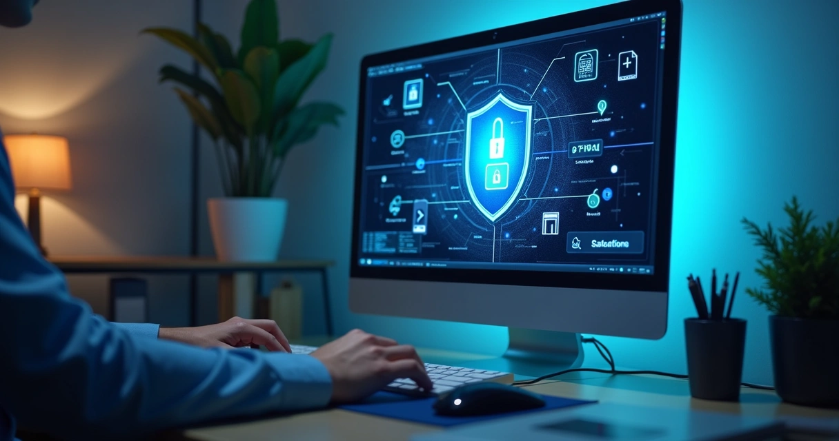Tela com escudo digital e documentos protegidos 