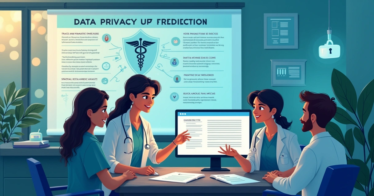 Grupo diverso de profissionais de saúde discute proteção de dados e privacidade com um paciente em ambiente clínico.