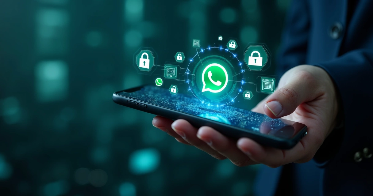 Smartphone mostrando chat do WhatsApp com ícones de cadeado e segurança ao redor 