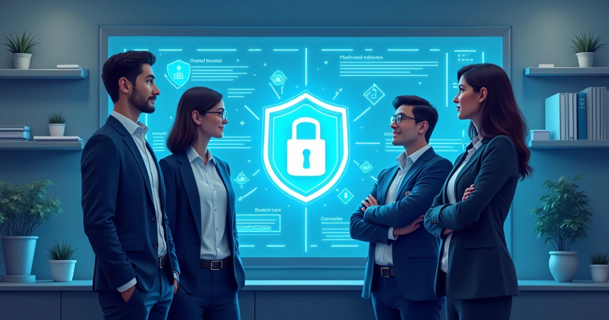 Equipe de PME visualizando tela com cadeado digital simbolizando proteção de dados 