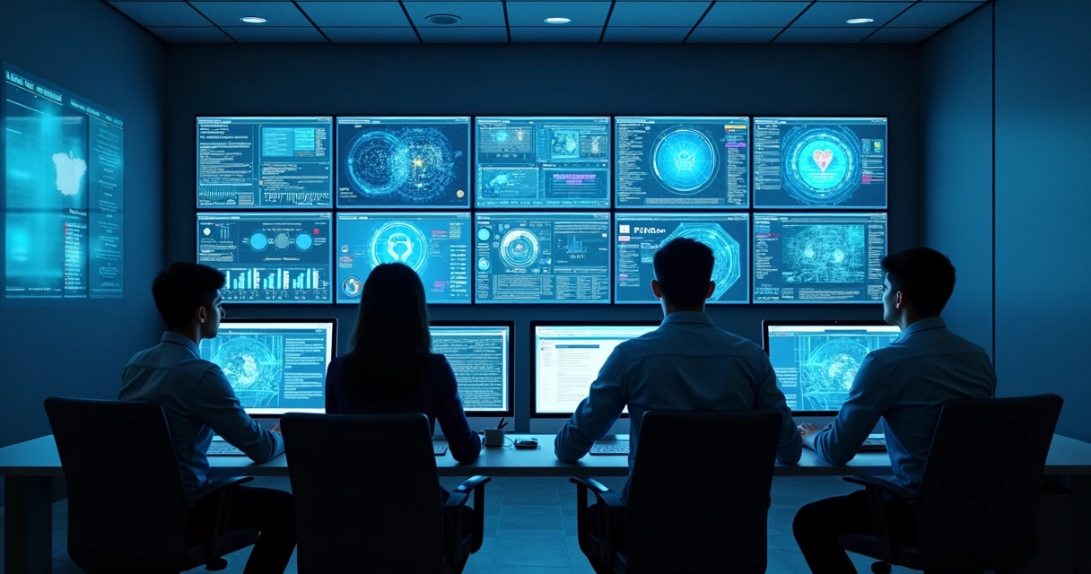 Equipe de TI monitorando sistemas de segurança digital em ambiente empresarial 