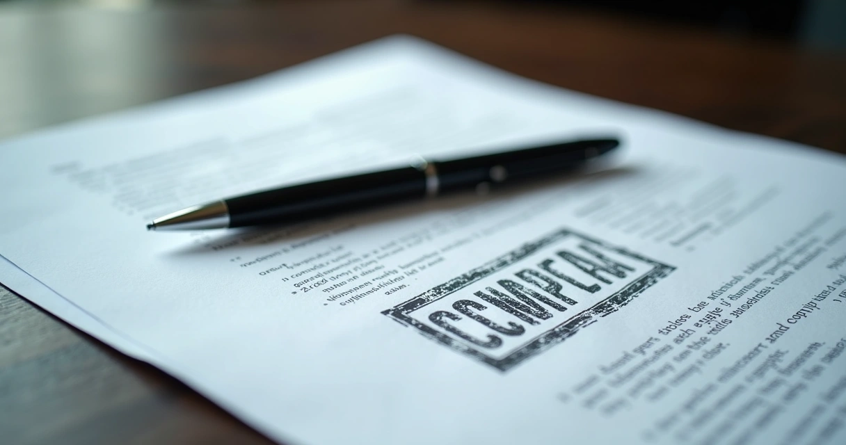 Documento de roteiro com selo de direitos autorais e caneta sobre mesa de madeira escura 