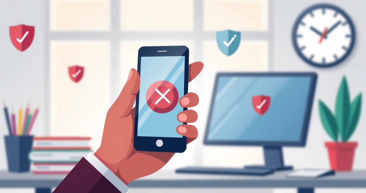 Pessoa bloqueando notificações em tela do celular, ambiente de trabalho moderno 