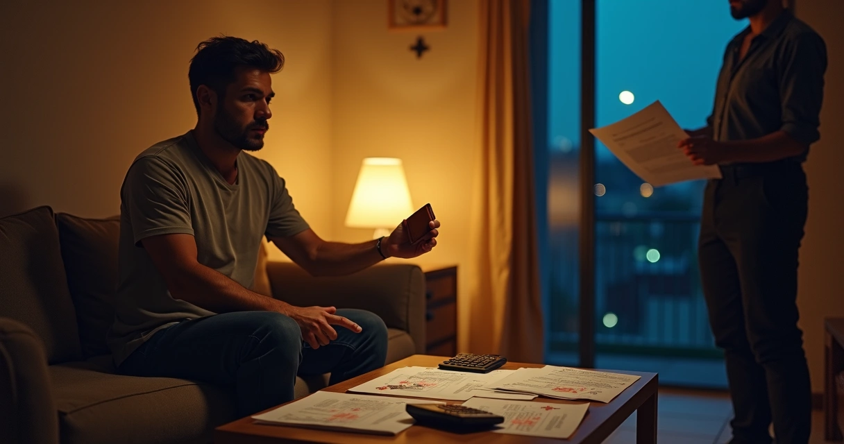 Pessoa rasgando contrato em sombras enquanto outra protege carteira com braço estendido 