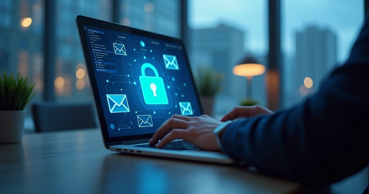 Pessoa usando notebook em escritório moderno, com tela mostrando símbolo de cadeado aberto e vários envelopes de e-mail ao fundo 