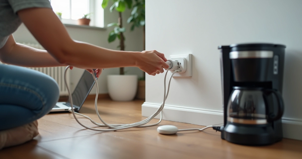 Pessoa conectando filtro de linha em tomada ao lado de aparelhos eletrônicos 