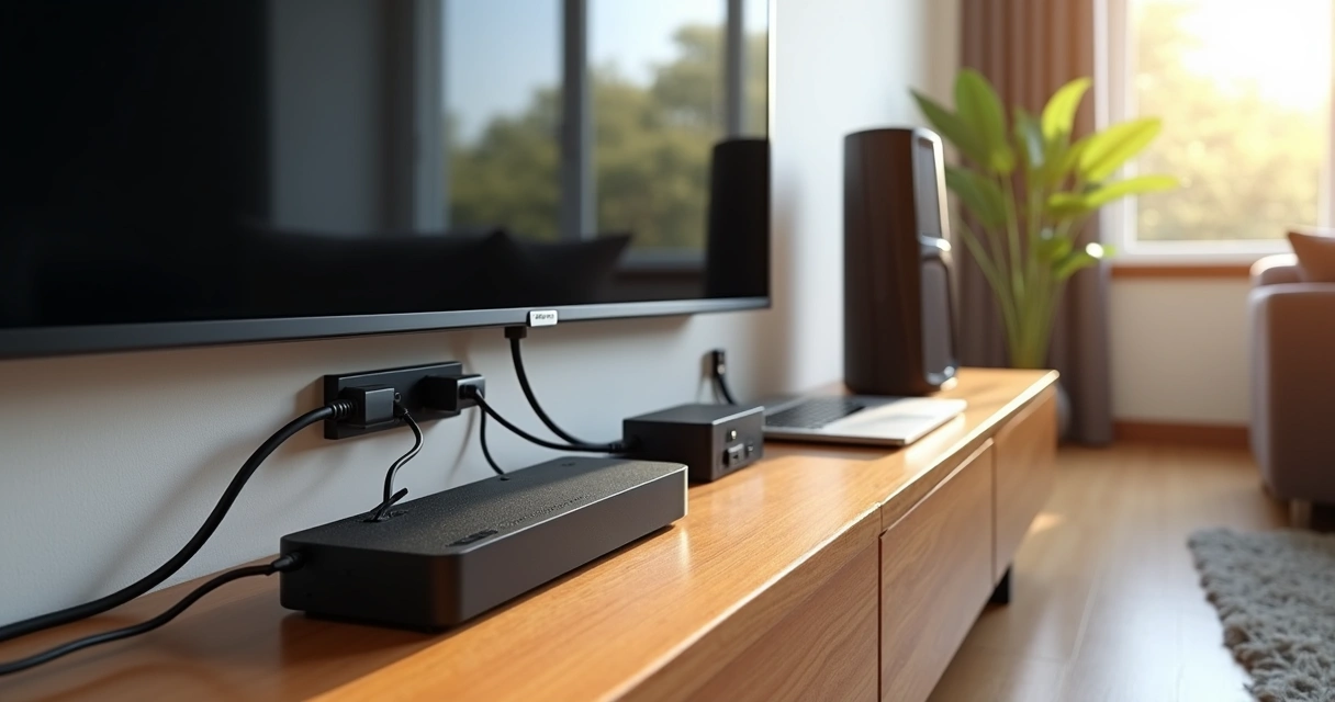 Filtros de linha instalados em sala com vários eletrônicos conectados 