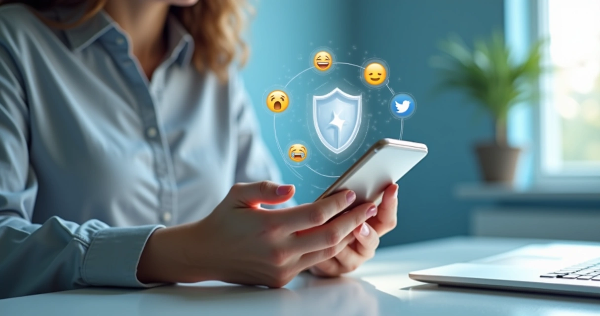 Pessoa usando celular com escudo digital simbolizando proteção emocional 