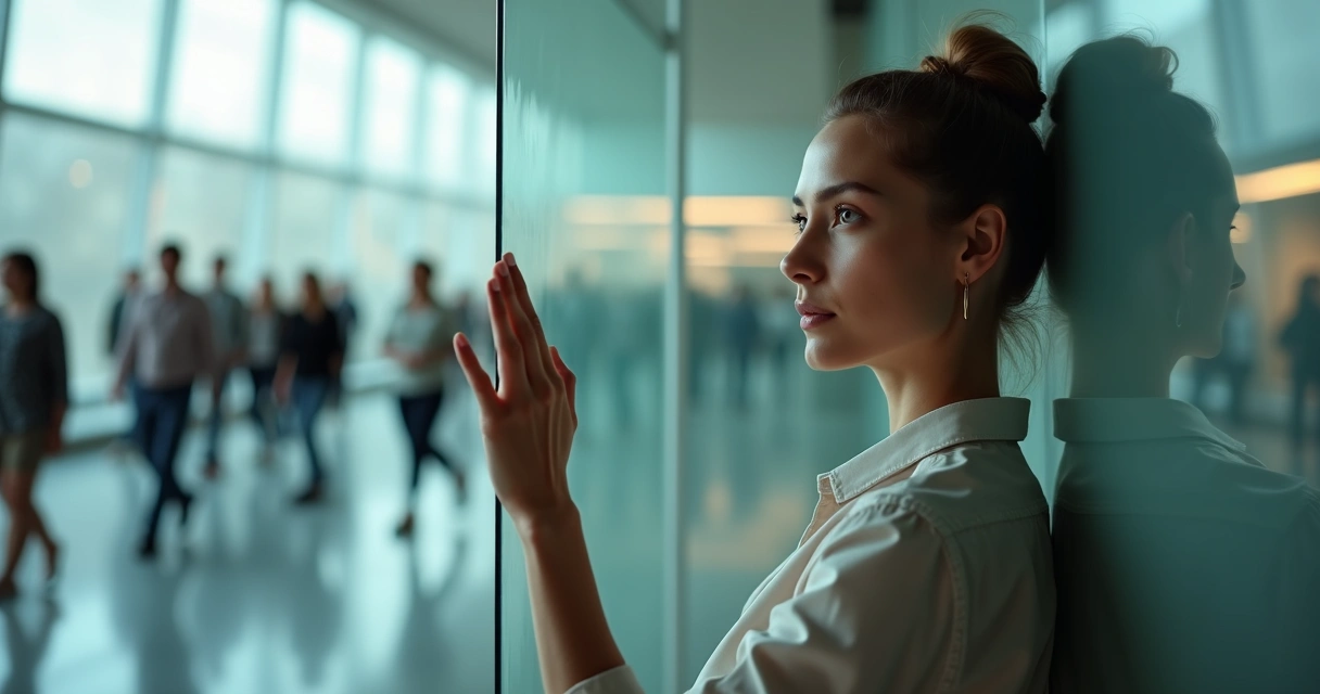 Mulher encostada sob uma parede de vidro transparente isolada de um ambiente tumultuado 