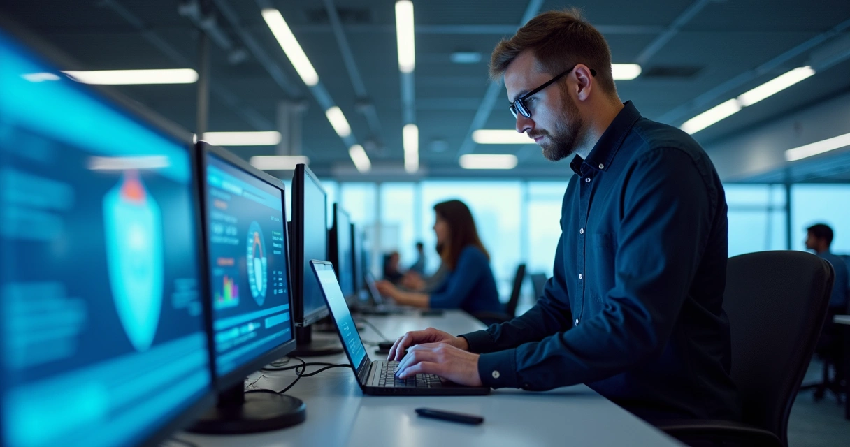 Profissional de TI configurando proteção de endpoint em computadores corporativos 