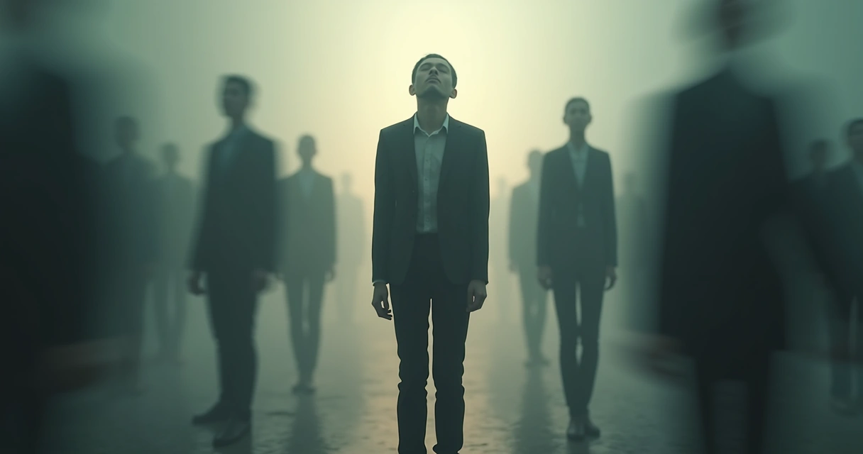 Pessoa de olhos fechados em meio a diversas pessoas em movimento ao redor 