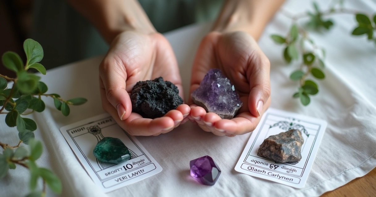 Pessoa segurando cristais de proteção ao lado de cartas do Baralho Cigano 