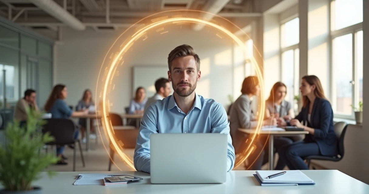 Profissional em escritório com campo de energia protegido ao redor do corpo 