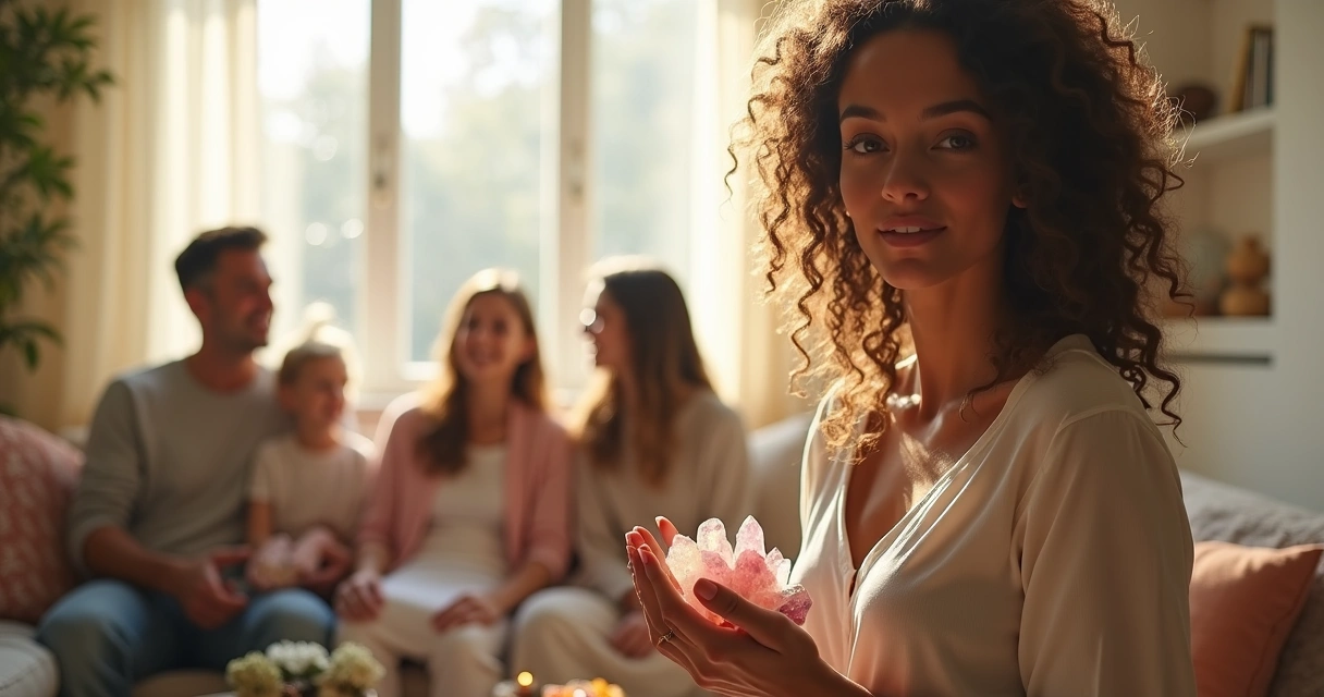 Mulher em uma sala de estar iluminada com luz natural, usando cristais na mão e cercada por familiares sorridentes. 