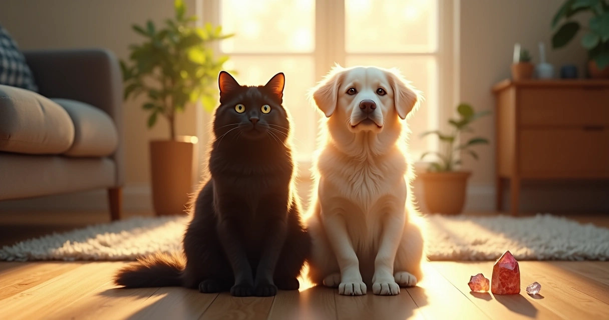 Gato preto e cachorro branco juntos com aura dourada ao redor 