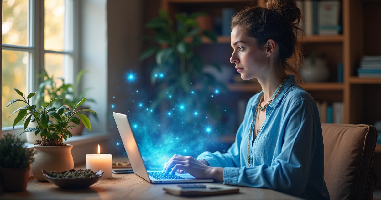 Mulher sentada em frente ao notebook, envolta por aura luminosa azul e objetos místicos na mesa, transmitindo proteção energética durante reunião online. 