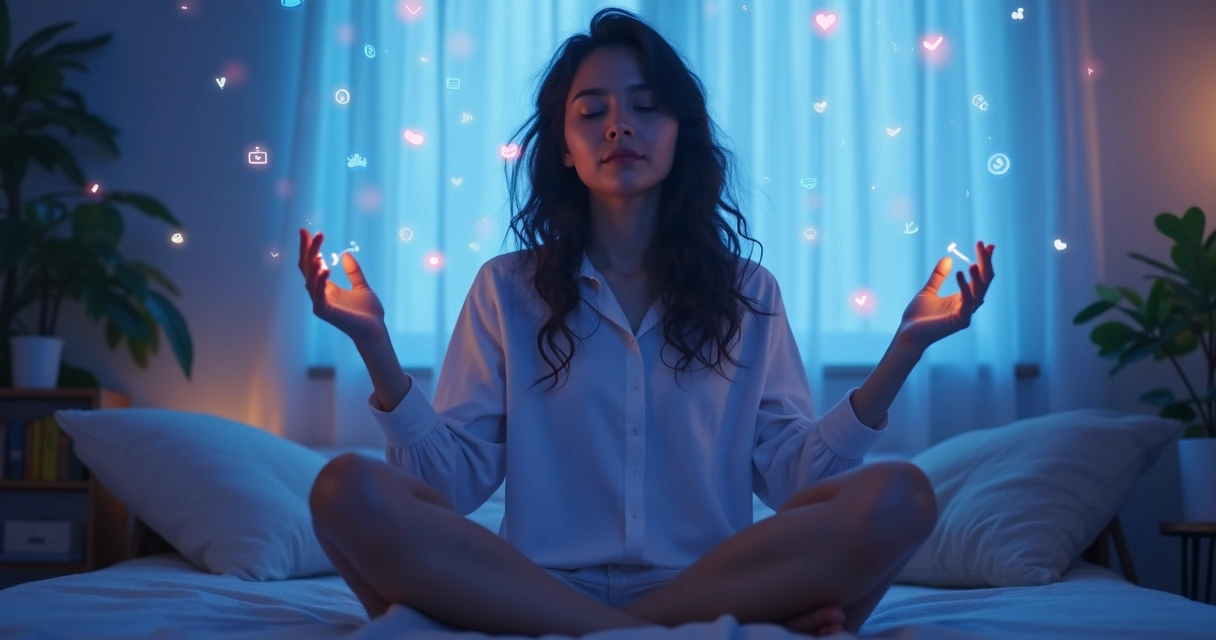 Mulher jovem de olhos fechados protegendo-se de telas com luz azul em volta das mãos 