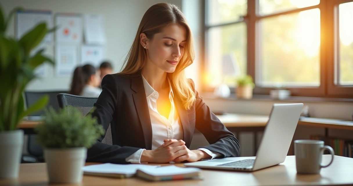 Pessoa sentada discretamente em mesa de escritório mentalizando proteção 