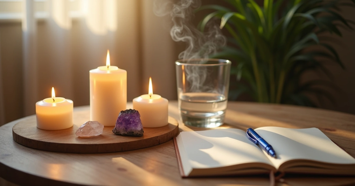 Mesa com velas acesas e cristais dispostos de forma organizada 