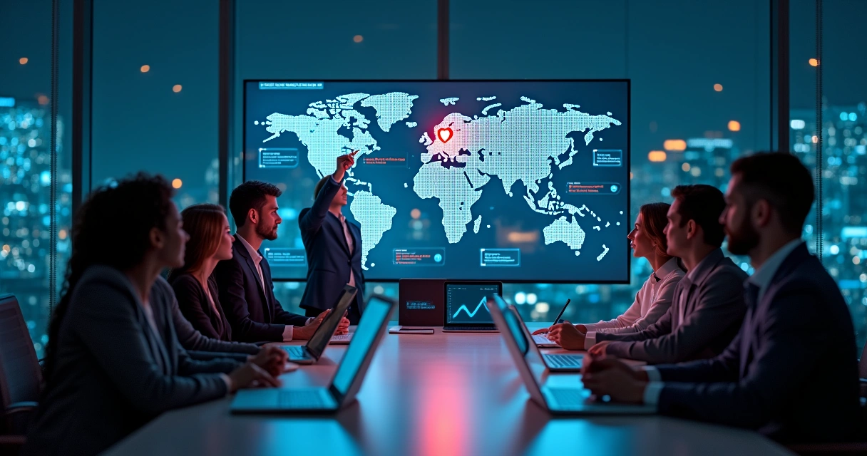 Equipe de empresa reunida analisando painel digital com alertas de fraude cibernética 